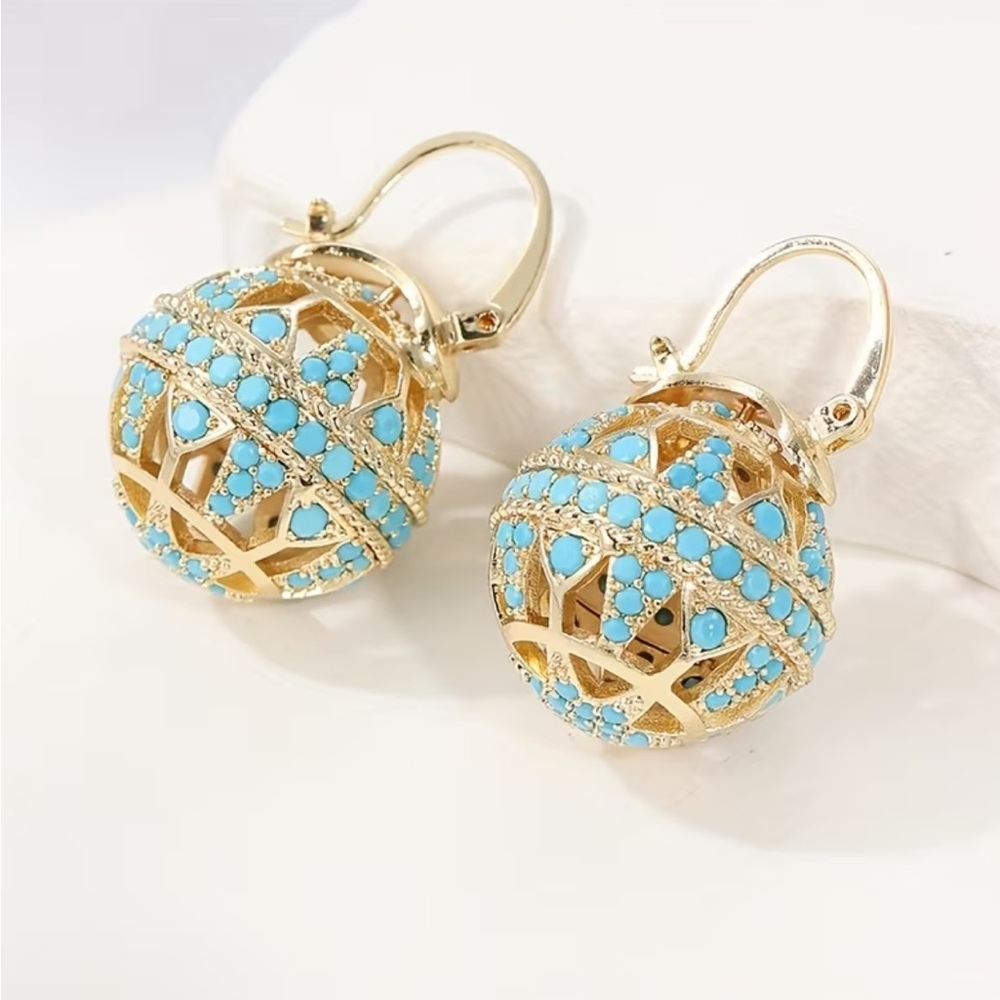 Gold Tone Turquoise Beaded Sphere Earrings Boho Statement Drop